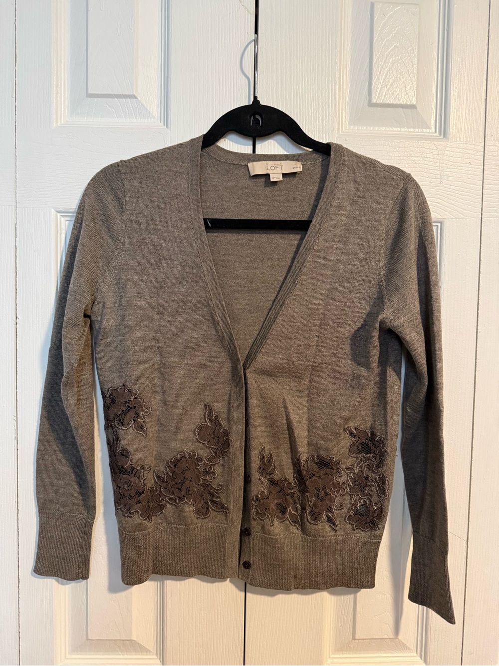 LOFT Gray Embroidered V-Neck Cardigan